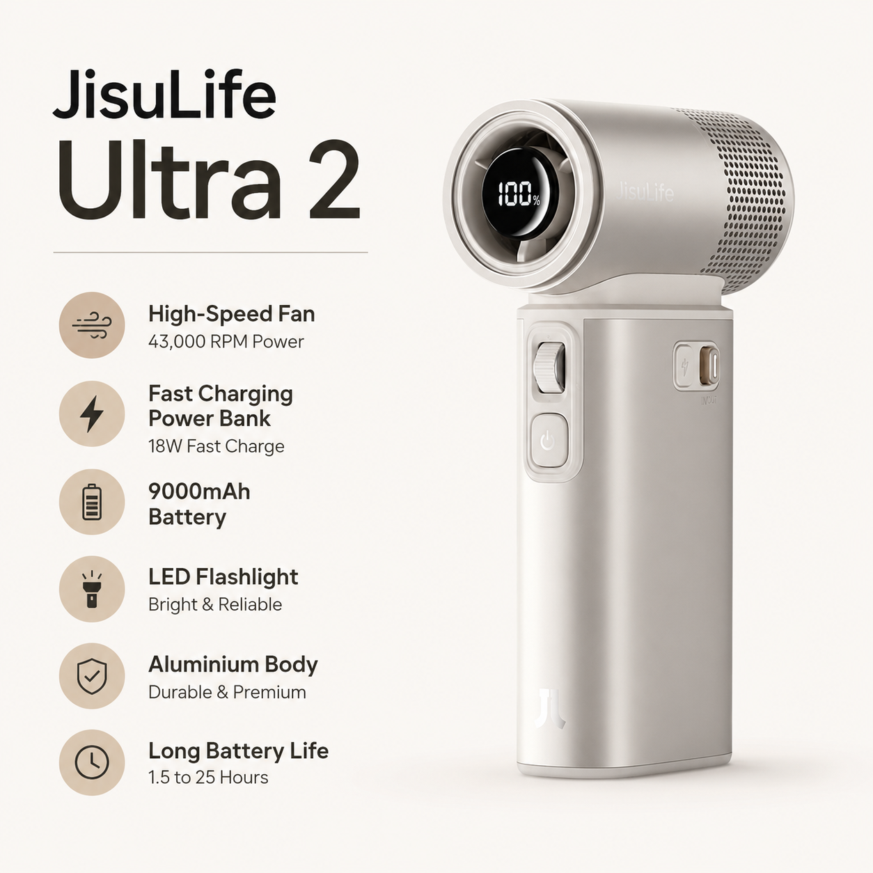 JisuLife Handheld Fan Ultra2 — 43,000 RPM Turbo Fan with 9000mAh Power Bank