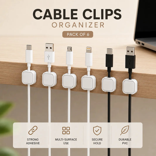 Cable Clips Organizer Pakistan – Pack of 6 Self-Adhesive PVC Cord Holders for Desk, Wall & Office Wire Management