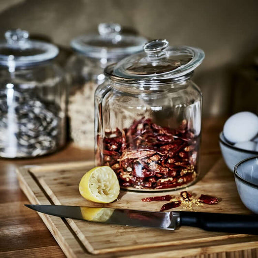 close-up of airtight VARDAGEN glass jar filled with granola