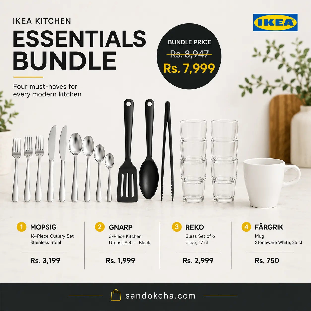 IKEA Kitchen Starter Kit — Cutlery, Utensils, Glasses & Mug
